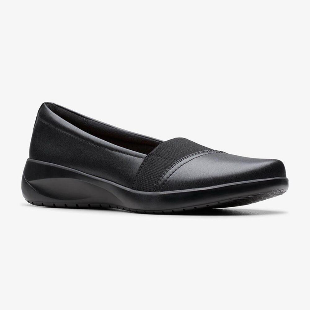 Clarks Cora Charm Black Leather Comfort Slip On Shoes Women’s 7W Wide NEW - Picture 2 of 9
